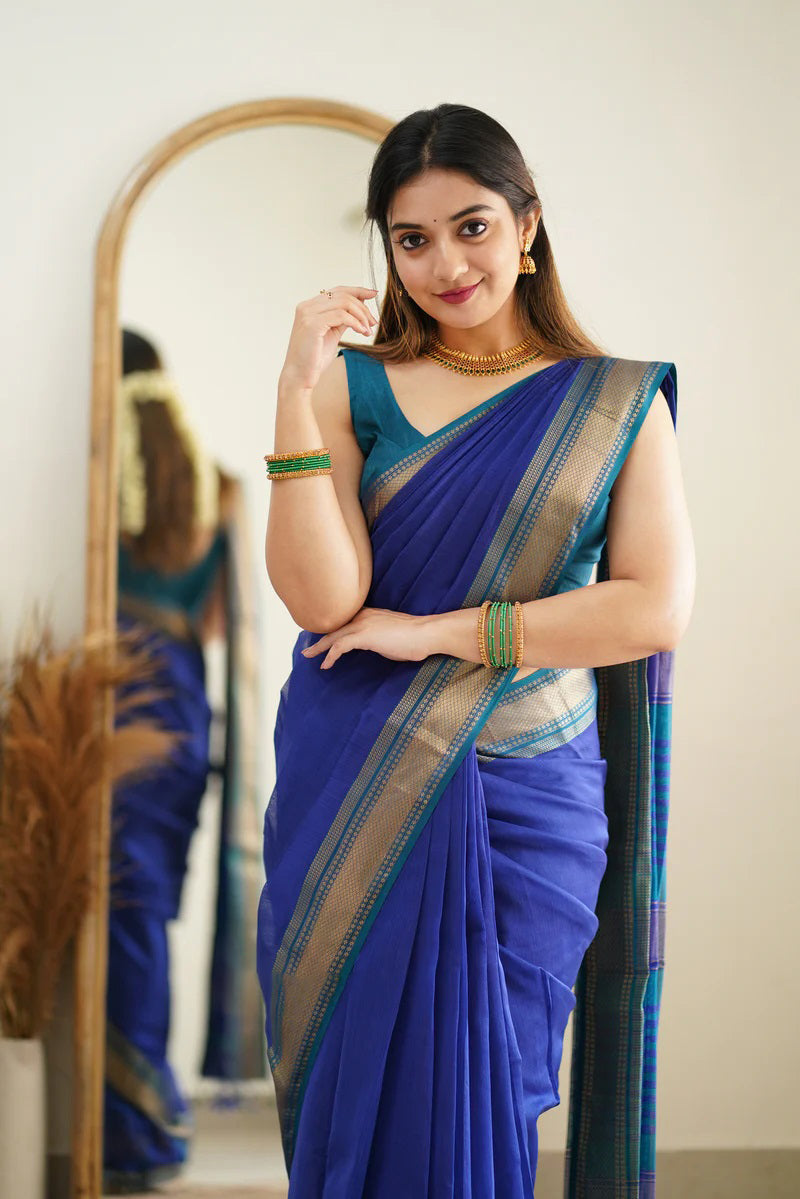 Embrocation Blue Cotton Silk Saree With Ratatouille Blouse Piece