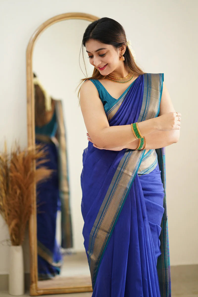 Embrocation Blue Cotton Silk Saree With Ratatouille Blouse Piece