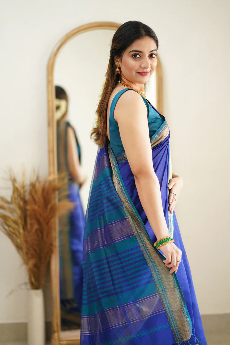 Embrocation Blue Cotton Silk Saree With Ratatouille Blouse Piece