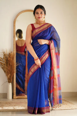 Mesmeric Royal Blue Cotton Silk Saree With Appealing Blouse Piece