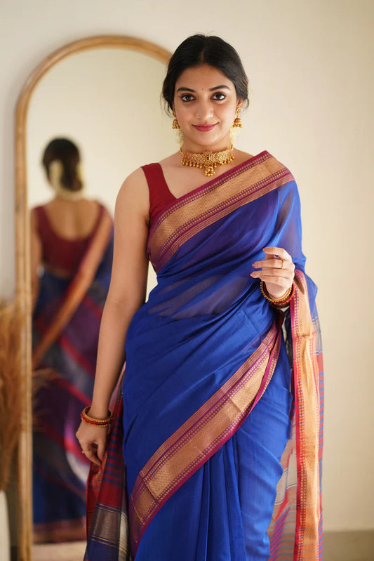 Mesmeric Royal Blue Cotton Silk Saree With Appealing Blouse Piece