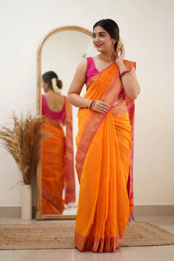 Seraphic Orange Cotton Silk Saree With Glamorous Blouse Piece