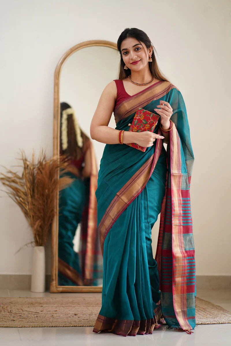 Prodigal Rama Cotton Silk Saree With Ratatouille Blouse Piece