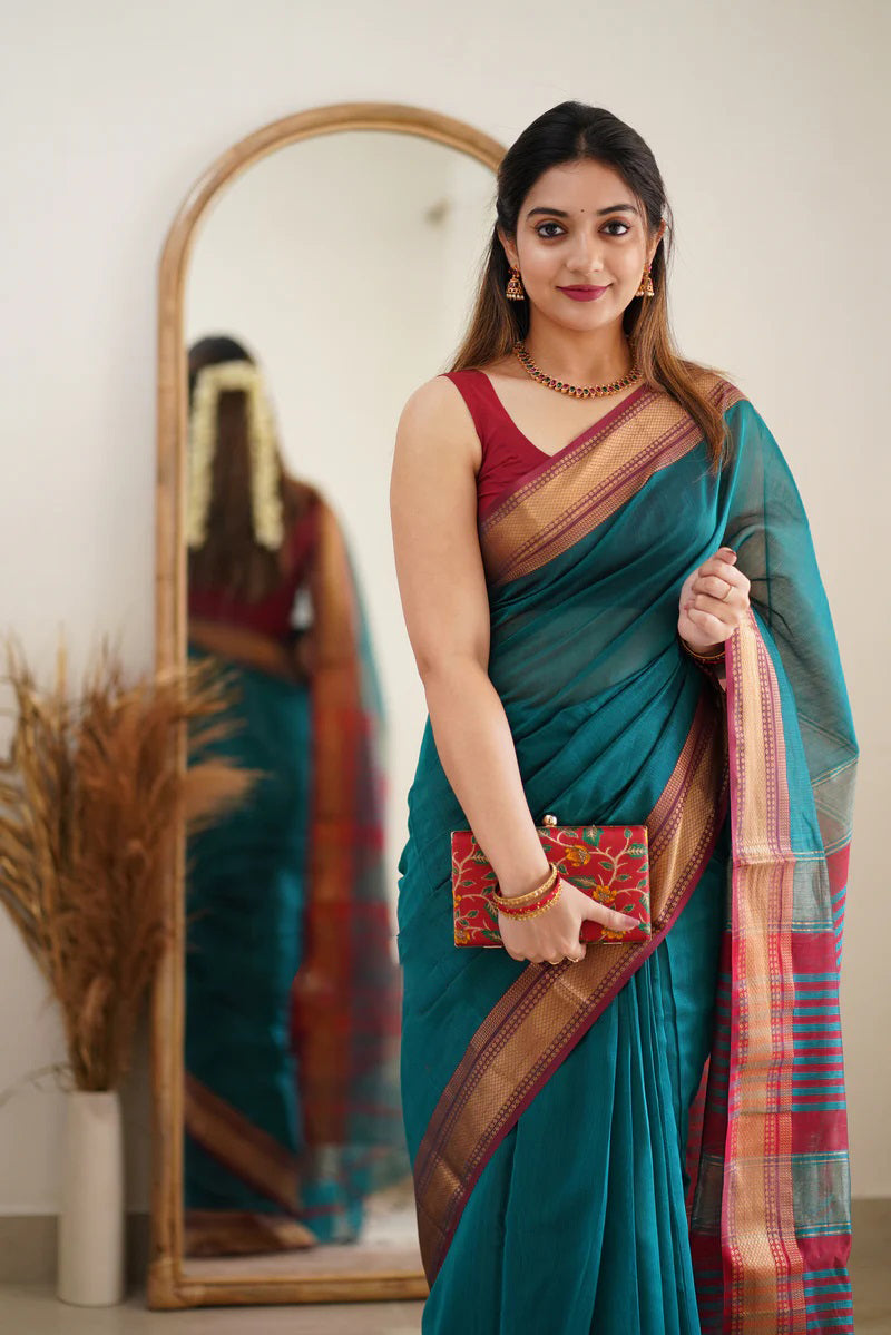 Prodigal Rama Cotton Silk Saree With Ratatouille Blouse Piece