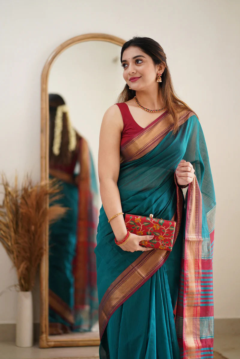 Prodigal Rama Cotton Silk Saree With Ratatouille Blouse Piece