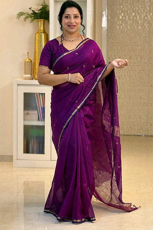 Mellifluous Purple Cotton Silk Saree With Sonorous Blouse Piece