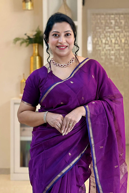 Mellifluous Purple Cotton Silk Saree With Sonorous Blouse Piece
