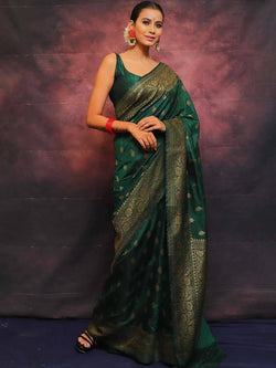 Vibrant Dark Green Soft Silk Saree With Opulent Blouse Piece