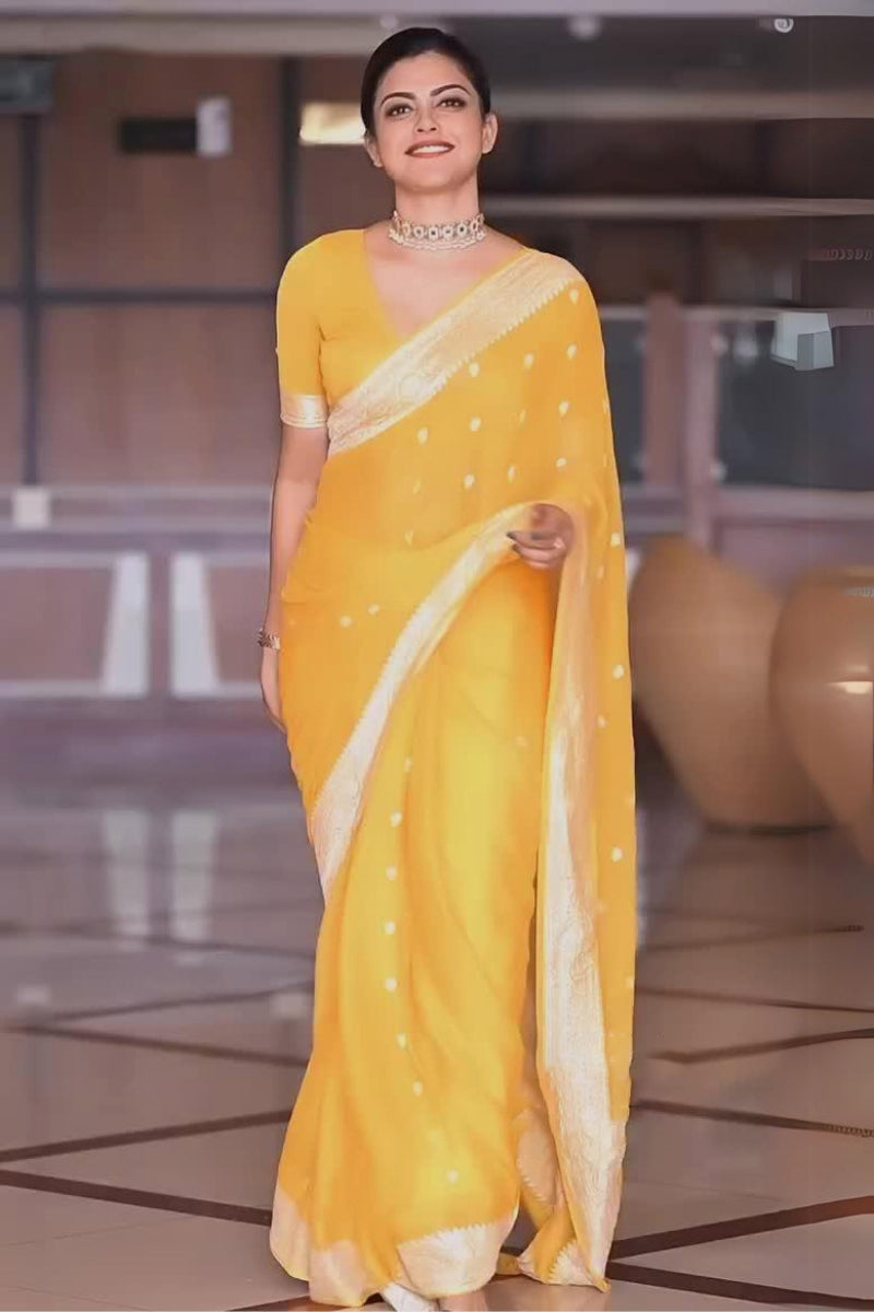 Scrumptious Yellow Soft Silk Saree With Devastating Blouse Piece