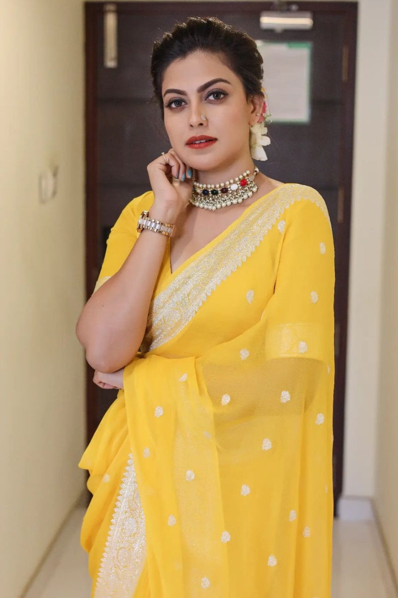 Scrumptious Yellow Soft Silk Saree With Devastating Blouse Piece