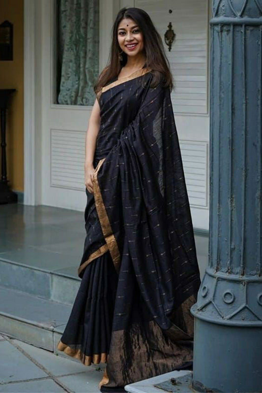 Ethnic Black Cotton Silk Saree With Felicitous Blouse Piece