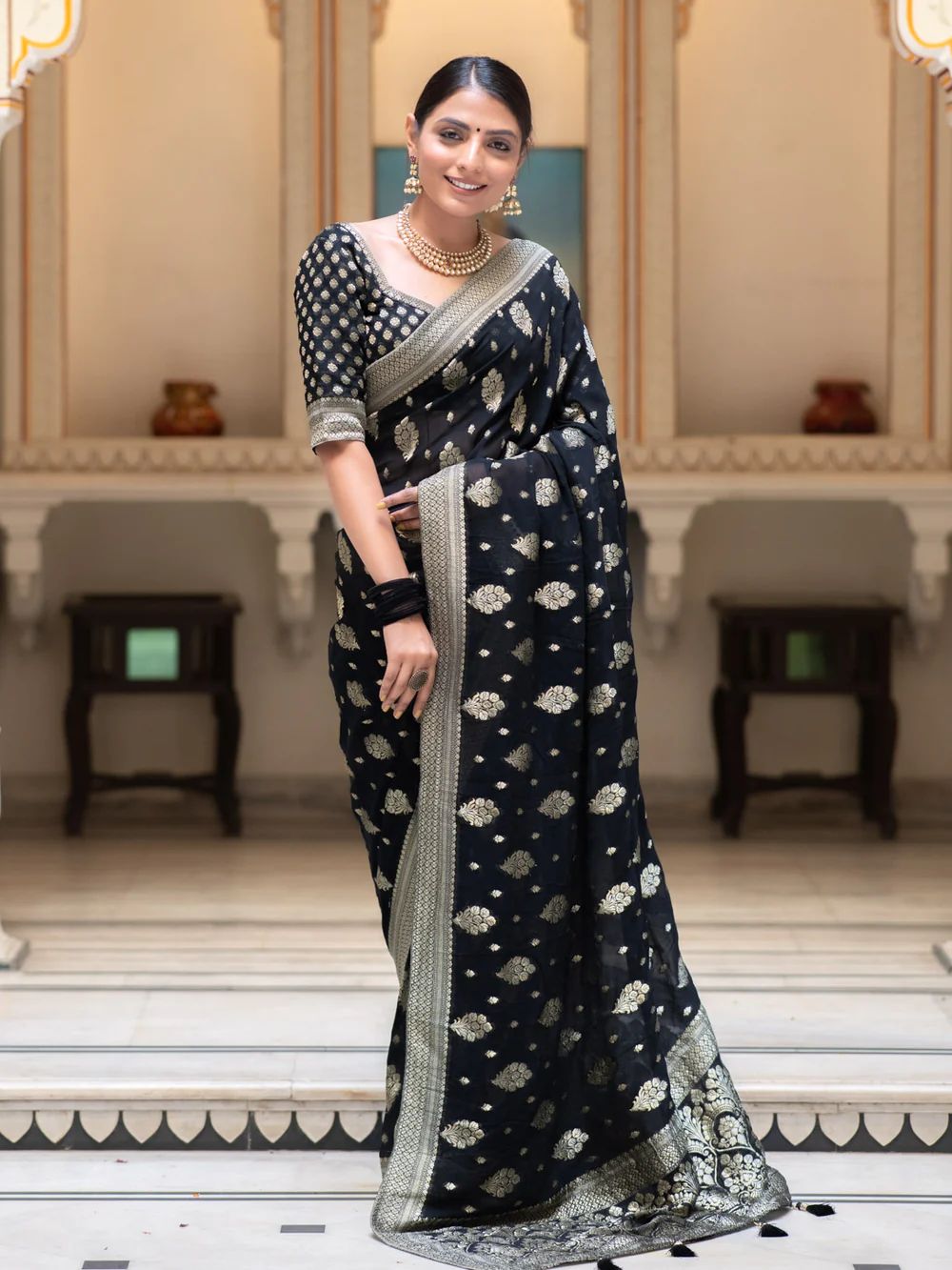 Appealing Black Soft Banarasi Silk Saree With Desiring Blouse Piece