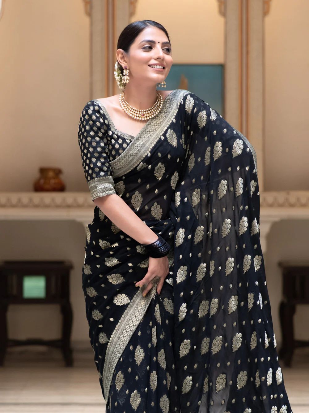 Appealing Black Soft Banarasi Silk Saree With Desiring Blouse Piece