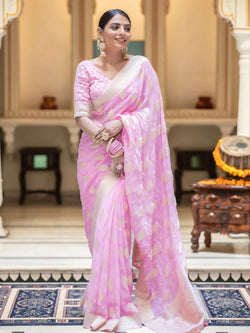 Designer Pink Soft Banarasi Silk Saree With Twirling Blouse Piece