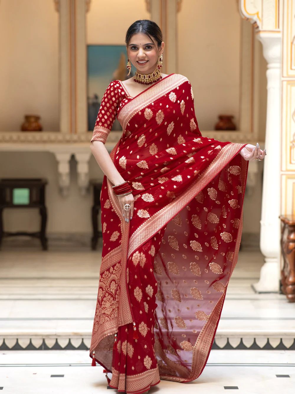 Impressive Red Soft Banarasi Silk Saree With Dalliance Blouse Piece