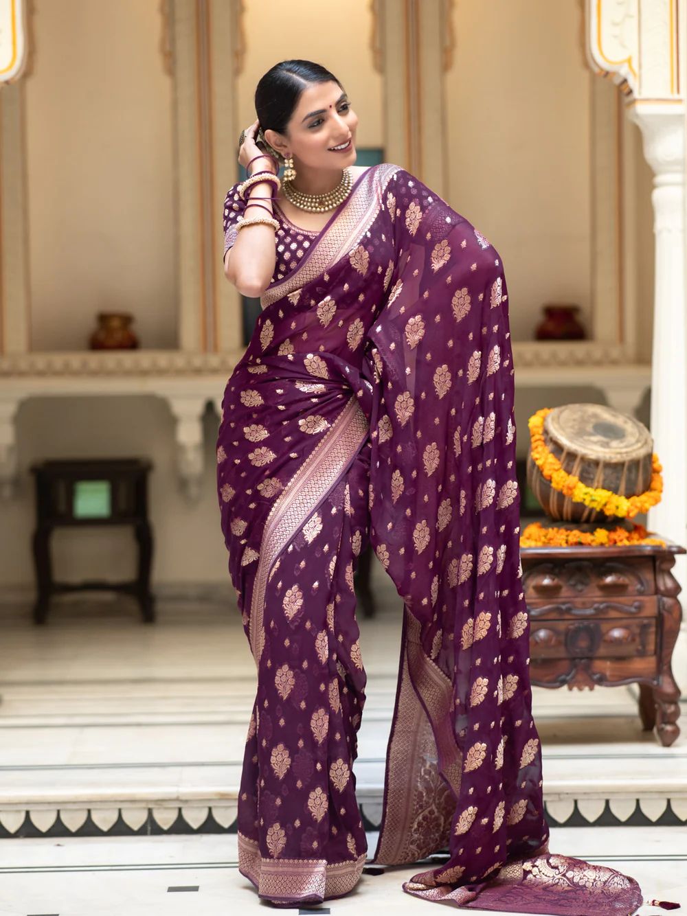 Intricate Wine Soft Banarasi Silk Saree With Devastating Blouse Piece