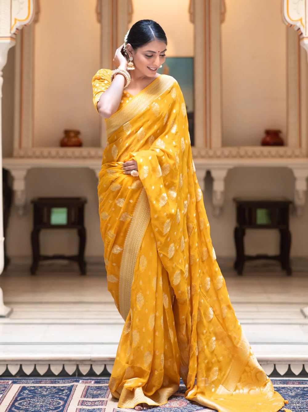 Demanding Yellow Soft Banarasi Silk Saree With Impressive Blouse Piece