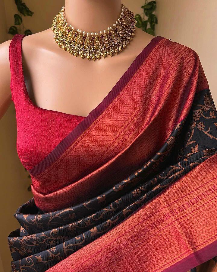 Petrichor Black Soft Silk Saree With Mesmerising Blouse Piece