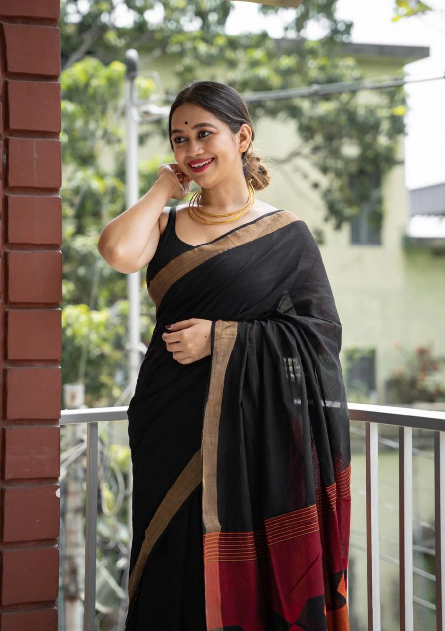 Quintessential Black Cotton Silk Saree With Fugacious Blouse Piece