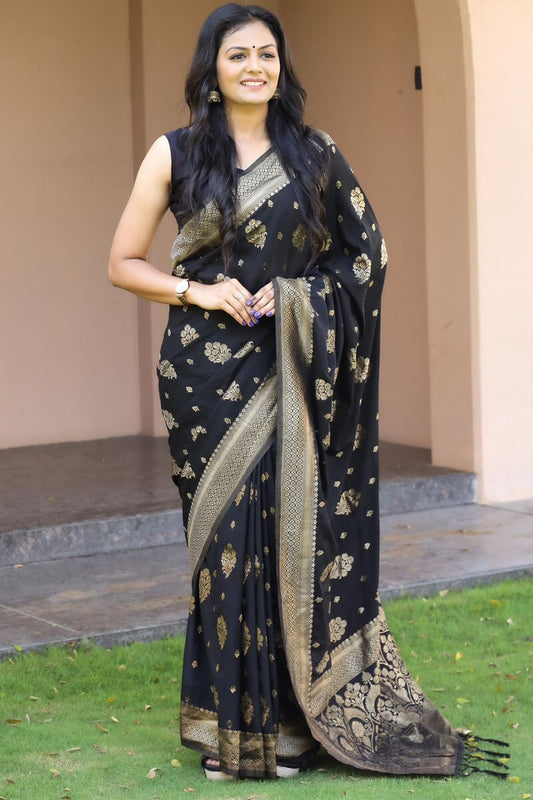 Fragrant Black Soft Banarasi Silk Saree With Rhapsody Blouse Pieced