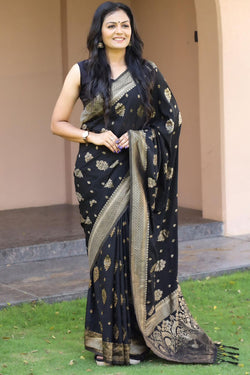 Fragrant Black Soft Banarasi Silk Saree With Rhapsody Blouse Pieced
