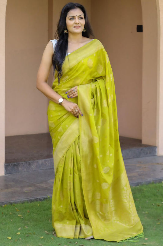 Splendorous Mehndi Soft Silk Banarasi Saree With Enthralling Blouse Piece