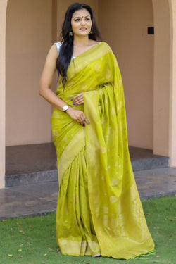 Splendorous Mehndi Soft Silk Banarasi Saree With Enthralling Blouse Piece