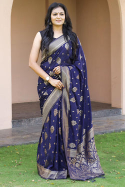 Fantabulous Navy Blue Soft Banarasi Silk Saree With Woebegone Blouse Pieced