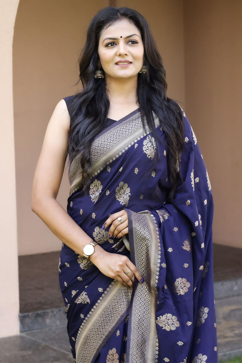 Fantabulous Navy Blue Soft Banarasi Silk Saree With Woebegone Blouse Pieced