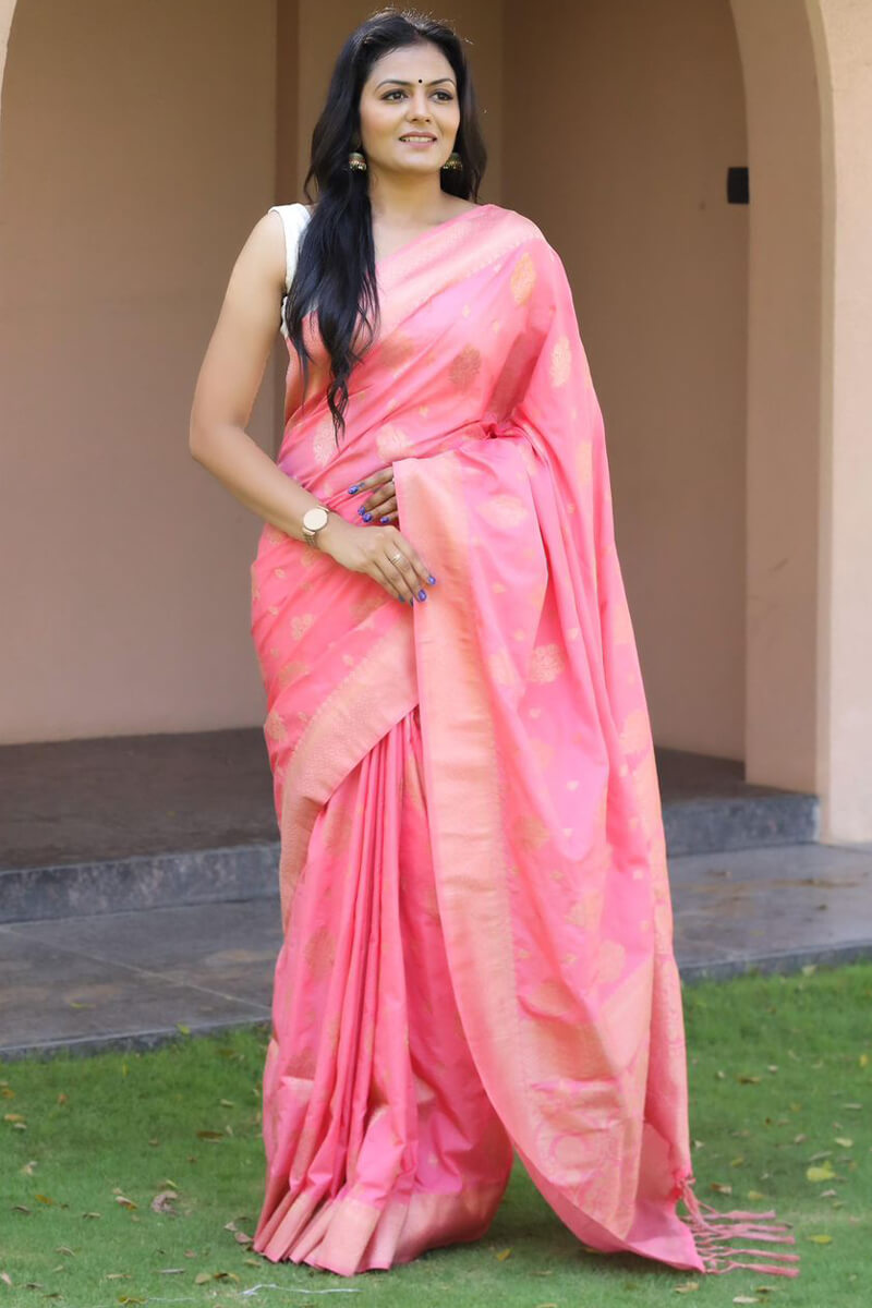 Elision Pink Soft Silk Banarasi Saree With Fairytale Blouse Pieced