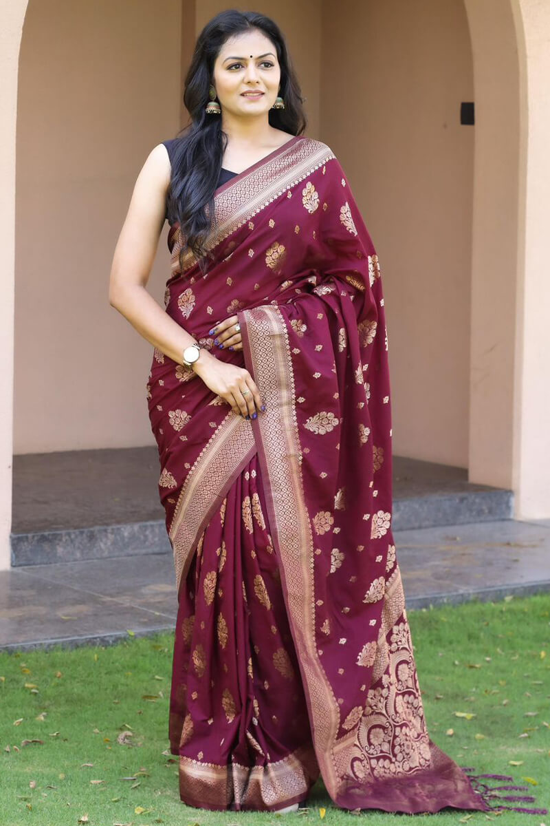 Gossamer Wine Soft Banarasi Silk Saree With Ratatouille Blouse Pieced