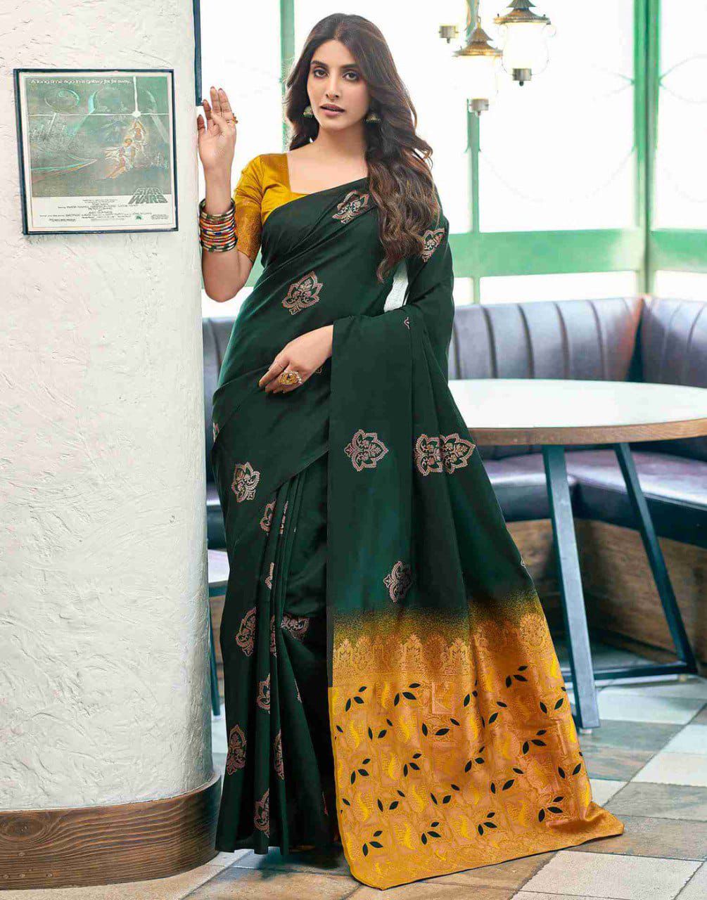 Stylish Dark Green Soft Silk Saree With Skinny Blouse Piece