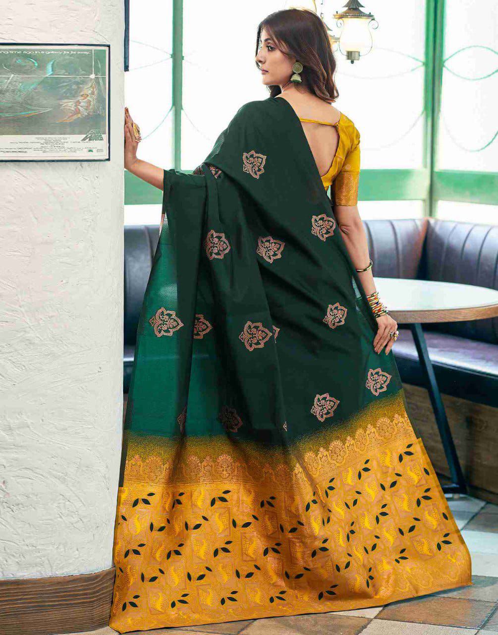 Stylish Dark Green Soft Silk Saree With Skinny Blouse Piece