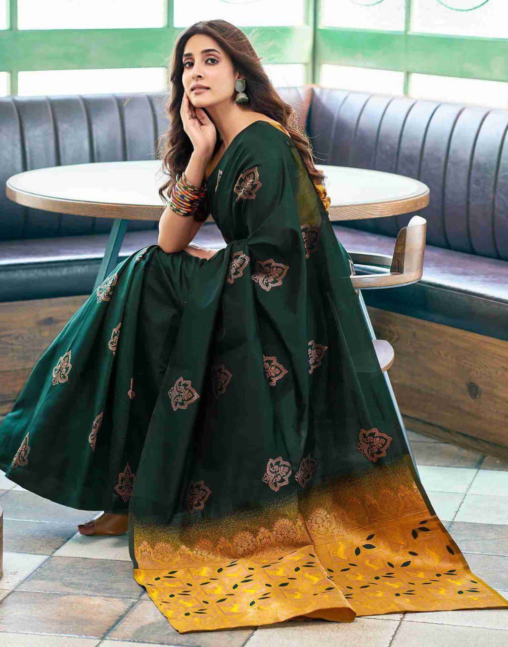 Stylish Dark Green Soft Silk Saree With Skinny Blouse Piece