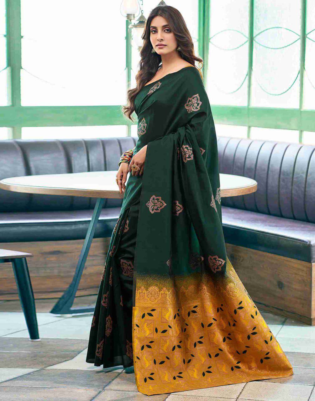 Stylish Dark Green Soft Silk Saree With Skinny Blouse Piece