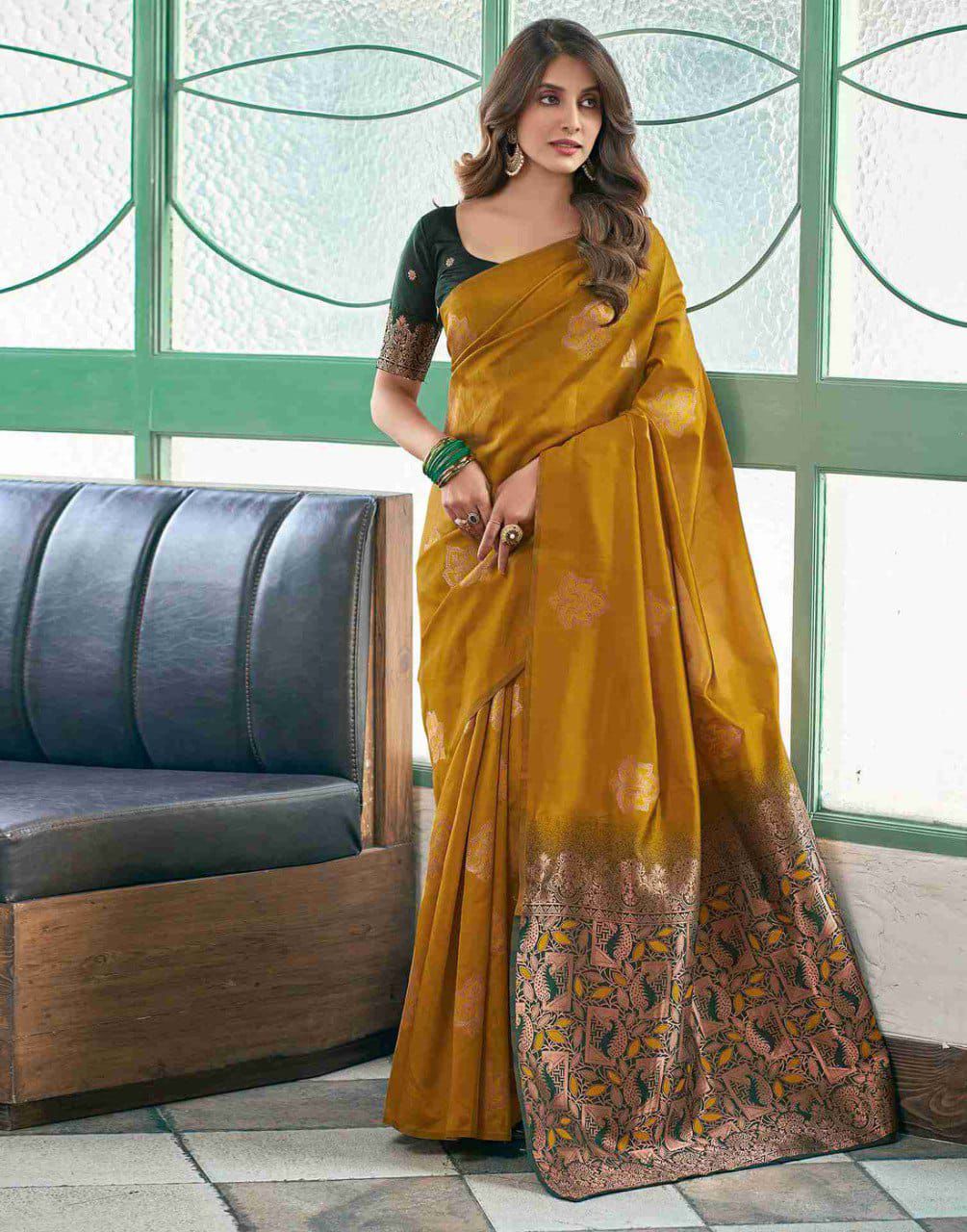 Unique Mustard Soft Silk Saree With Dazzling Blouse Piece