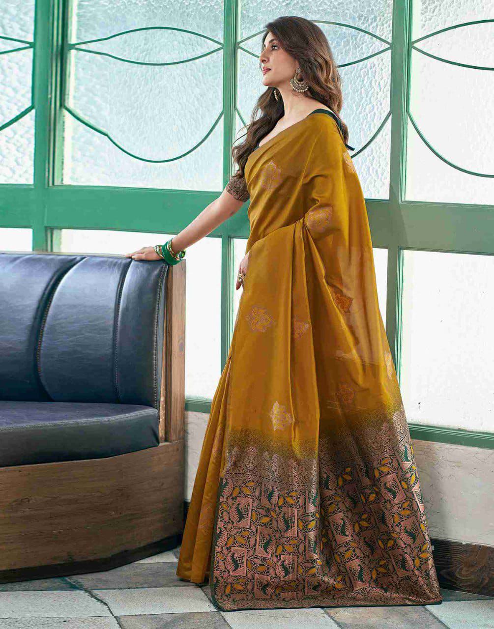 Unique Mustard Soft Silk Saree With Dazzling Blouse Piece