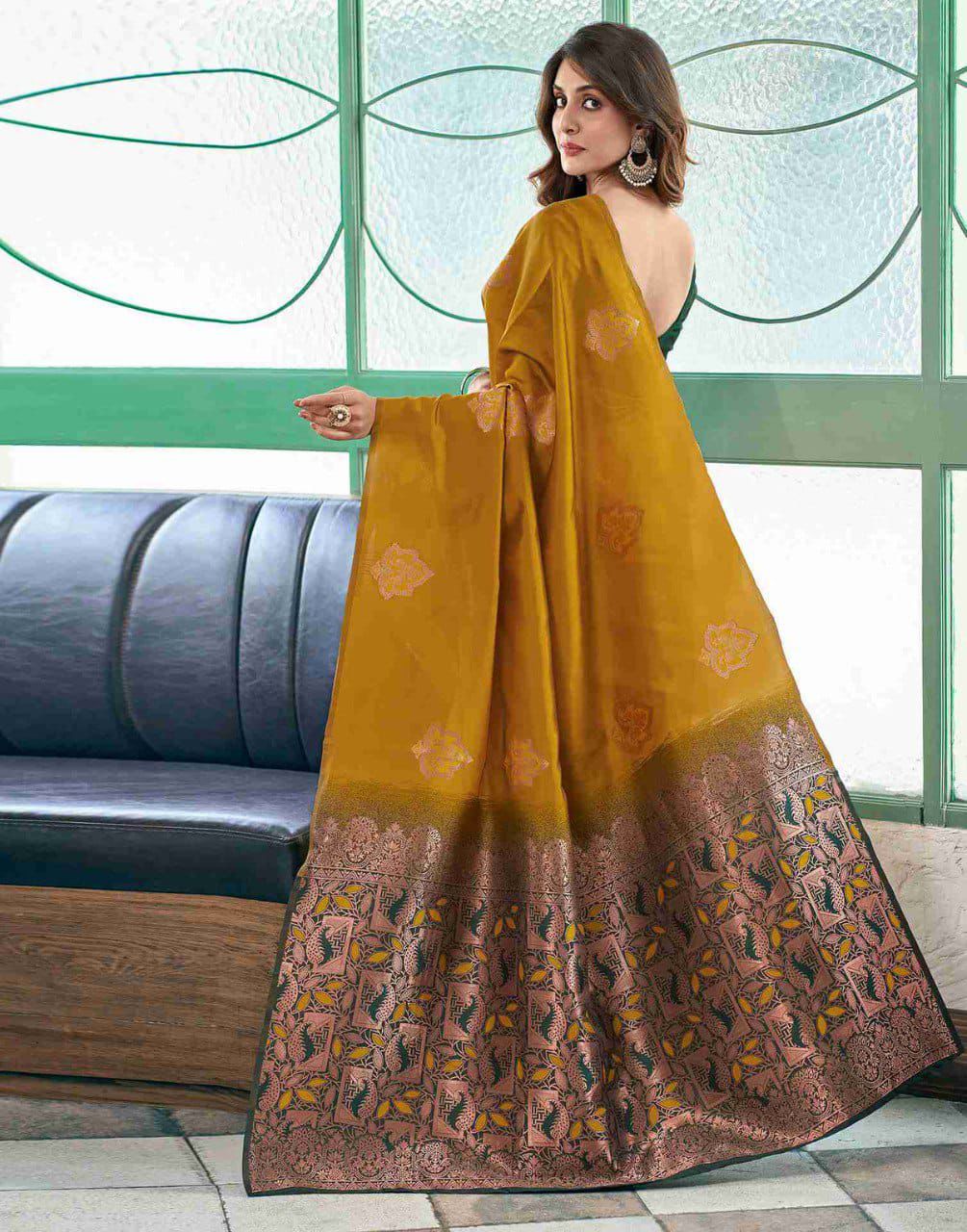 Unique Mustard Soft Silk Saree With Dazzling Blouse Piece