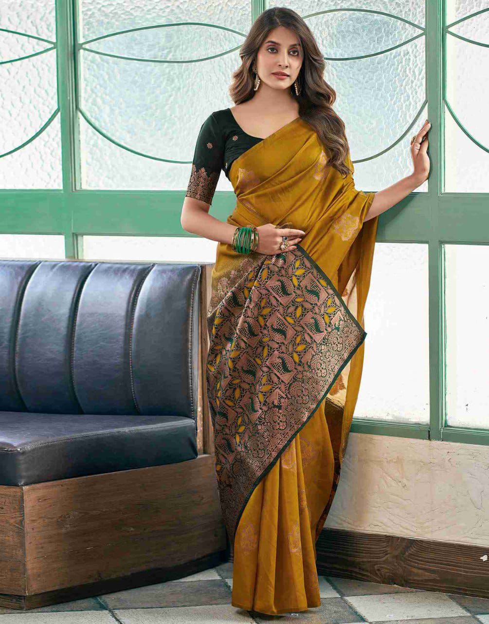 Unique Mustard Soft Silk Saree With Dazzling Blouse Piece