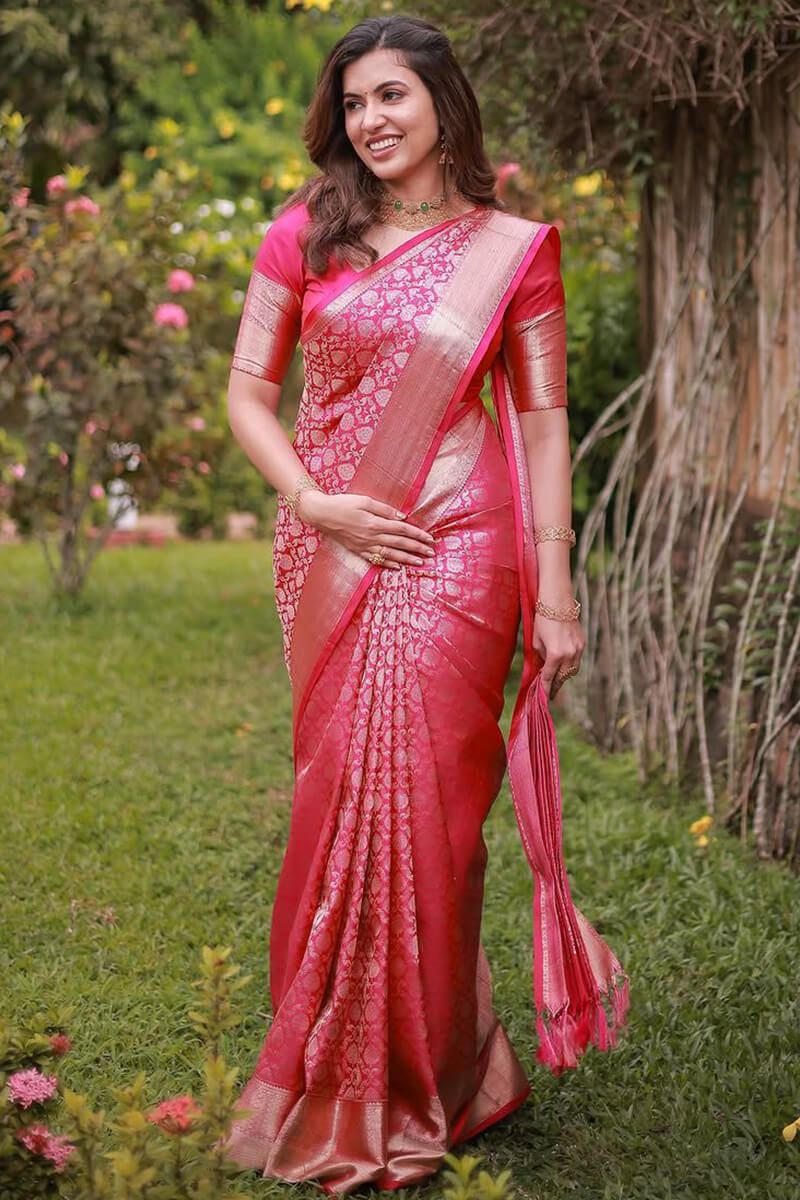 Petrichor Dark Pink Soft Silk Saree With Rhapsodic Blouse Piece