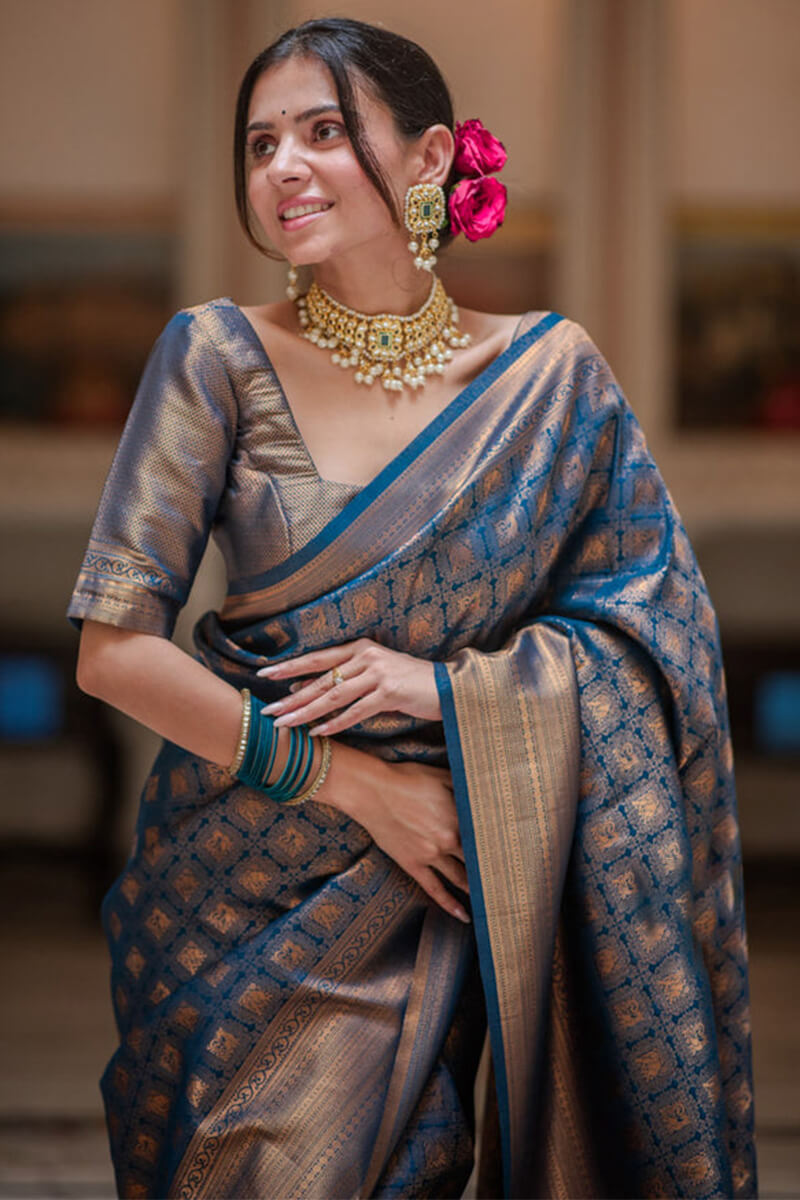 Artistic Navy Blue Soft Silk Saree With Eye-catching Blouse Piece