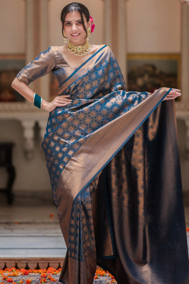 Artistic Navy Blue Soft Silk Saree With Eye-catching Blouse Piece