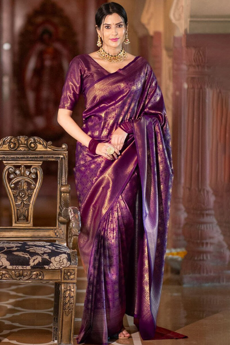 Adorning Purple Soft Silk Saree With Skinny Blouse Piece