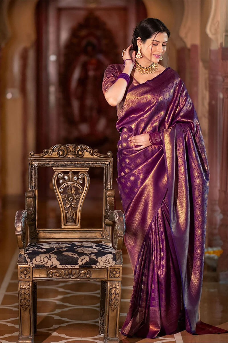Adorning Purple Soft Silk Saree With Skinny Blouse Piece