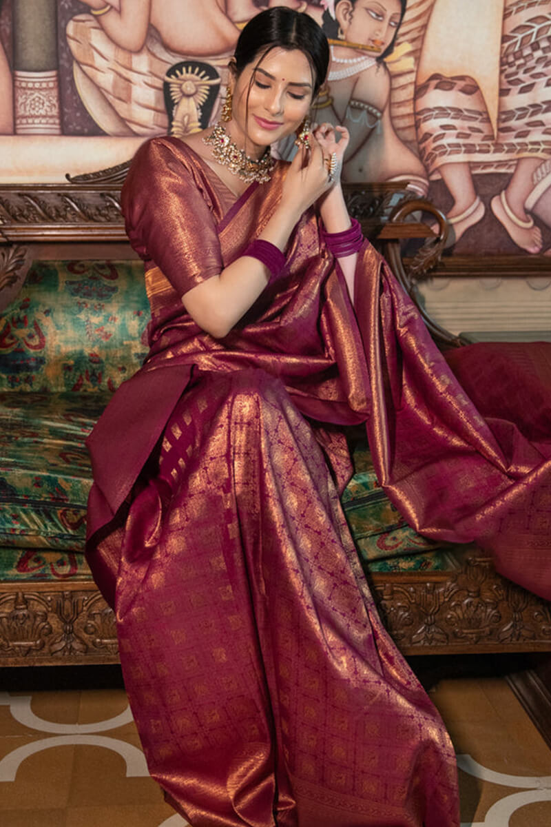 Bewitching Wine Soft Silk Saree With Pulsating Blouse Piece