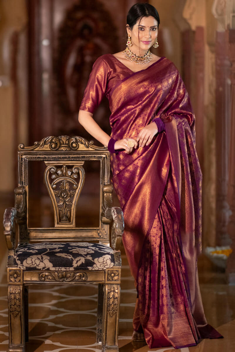Bewitching Wine Soft Silk Saree With Pulsating Blouse Piece