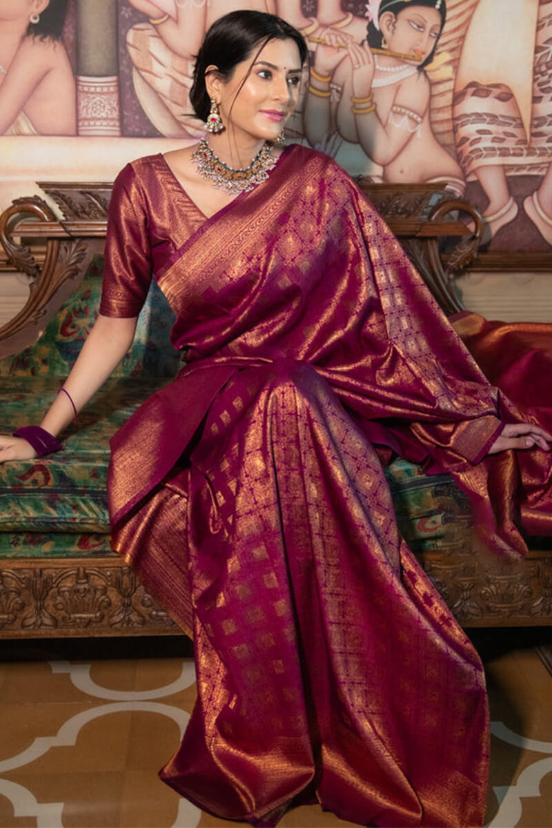 Bewitching Wine Soft Silk Saree With Pulsating Blouse Piece