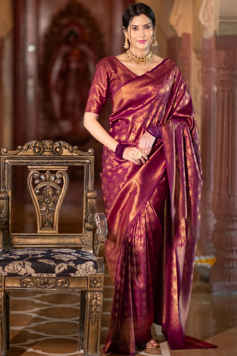 Bewitching Wine Soft Silk Saree With Pulsating Blouse Piece