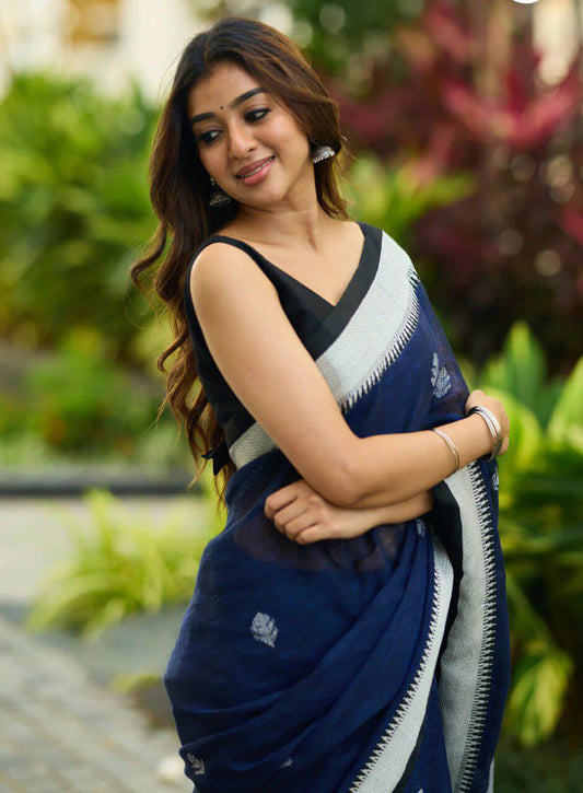 Susurrous Navy Blue Cotton Silk Saree With Rhapsodic Blouse Piece