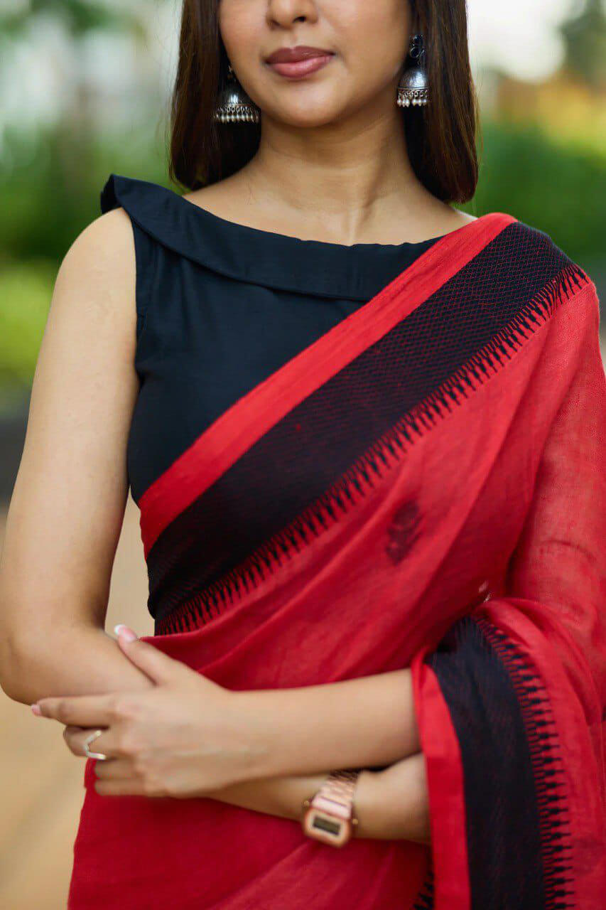 Seraglio Red Cotton Silk Saree With Smart Blouse Piece